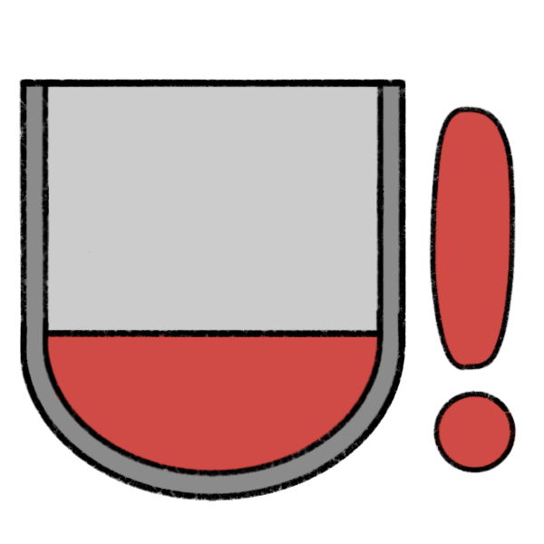 a grey container with a rounded bottom, partially filled with red liquid. There is a red exclamation point next to it.